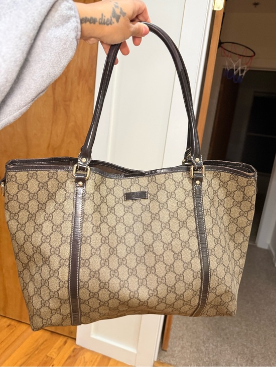 Gucci Handbags - Gucci Beige GG Canvas Tote with Dark Brown Trim